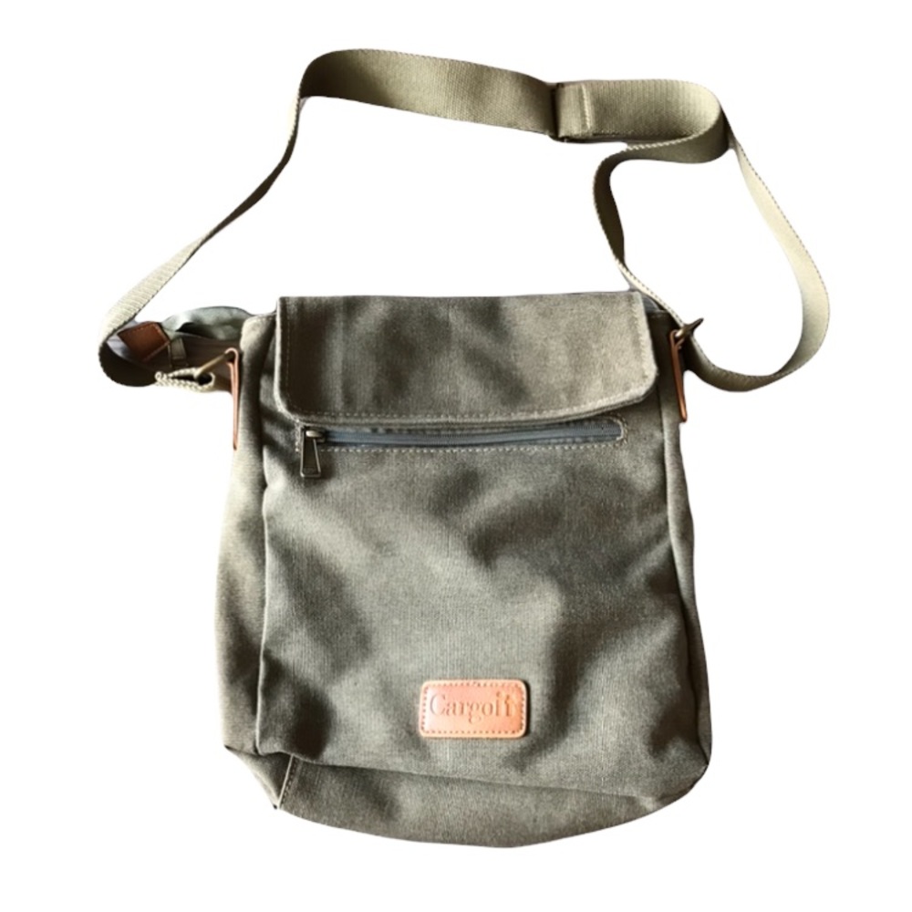 Cargoit Cotton Canvas Cross Body Foldover Army Green Bag w/ Multiple Zippers